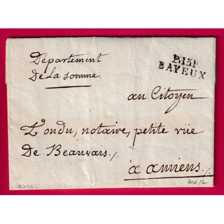 MARQUE P13P BAYEUX CALVADOS 1799 INDICE 12 POUR AMIENS SOMME LETTRE