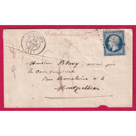 N°14 PC 1197 ESPALION AVEYRON MENTION POIDS 8 GR TIMBRE INSUFFISANT TAXE 4 POUR MONTPELLIER HERAULT LETTRE
