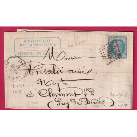 N°29 CONVOYEUR STATION LA RICAMARIE LOIRE POUR CLERMONT BUREAU PASSE 2565 MOULINS ALLIER INDICE 14 LETTRE COVER