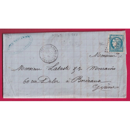 N°45C GC 568 BOURG SUR GIRONDE POUR BORDEAUX 1874 LETTRE COVER