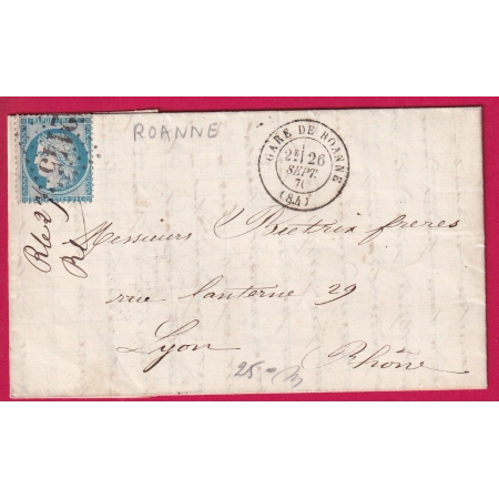 N°60 GARE DE ROANNE LOIRE  AU DOS CONVOYEUR STATION ROANNE POUR LYON 26 SEPTEMBRE 1871 LETTRE COVER