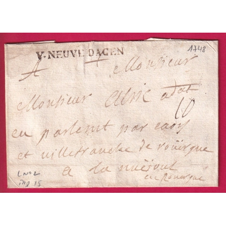 MARQUE VILLENEUVE D'AGEN LOT ET GARONNE LENAIN N°2 INDICE 15 POUR VILLEFRANCHE AVEYRON 1748 LETTRE