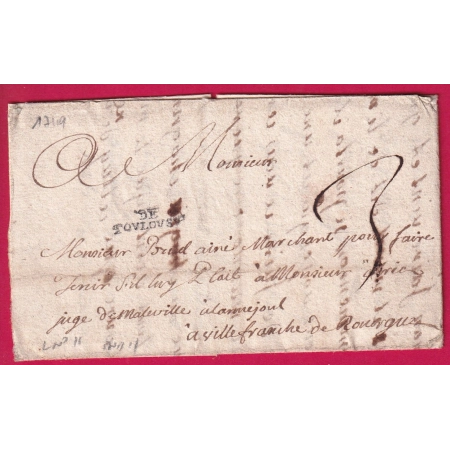 MARQUE DE TOULOUSE HAUTE GARONNE LENAIN N°11 INDICE 11 POUR VILLEFRANCHE AVEYRON 1749 LETTRE