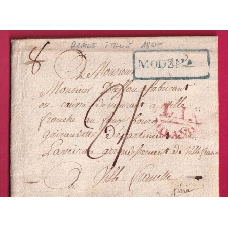 MARQUE MODENA ARMEE ITALIE 1807 + MARQUE MILANO POUR VILLEFRANCHE DE ROUERGUE LETTRE