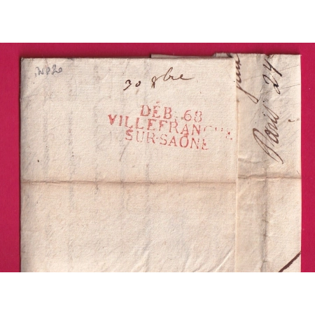 DEBOURSE DEB 68 VILLEFRANCHE SUR SAONE EN ROUGE 1821 INDICE 20 POUR VILLEFRANCHE DE ROUERGUE DEPART PARIS LETTRE