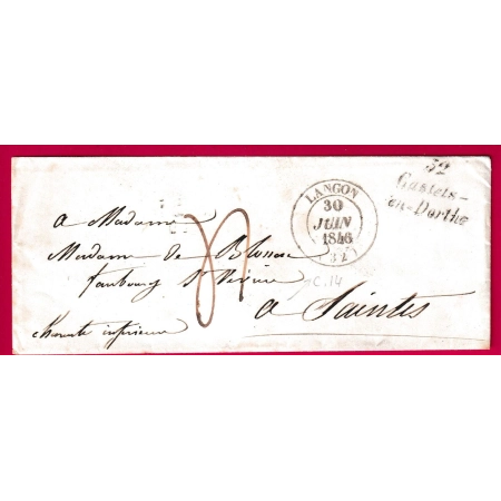 CURSIVE 32 CASTETS EN DORTHE GIRONDE CAD TYPE 14 LANGON POUR SAINTES CHARENTE INFERIEURE 1846 LETTRE