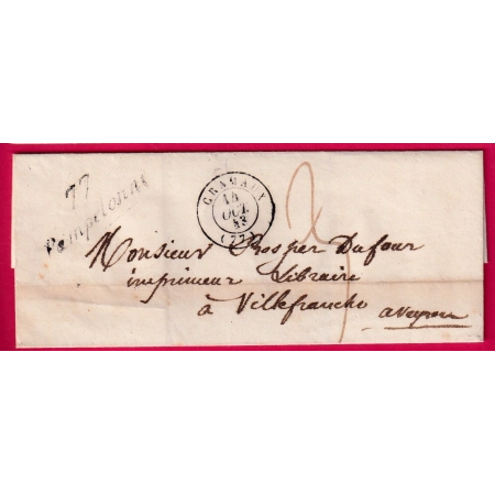 CURSIVE 77 PAMPELONNE TARN CAD TYPE 15 CRAMAUX POUR VILLEFRANCHE DE ROUERGUE 1843 LETTRE