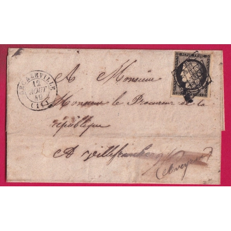 N°3 TB GRILLE DECAZEVILLE AVEYRON 1849 POUR VILLEFRANCHE LETTRE