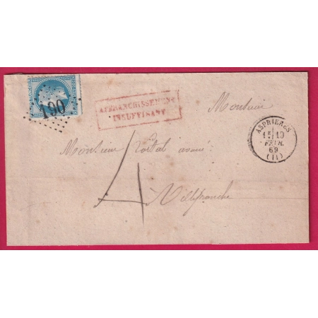 N°29 GC 190 ASPRIERES AVEYRON TAXE MANUSCRIT 4 AFFR INSUFF POUR VILLEFRANCHE LETTRE