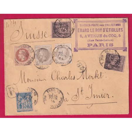 N°26 27 52 90 92X2 MARCHAND TIMBRES POSTES PARIS RECOMMANDE POUR LA SUISSE ST ISMIER LETTRE