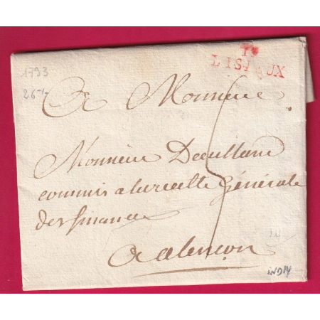 MARQUE 13 LISIEUX EN ROUGE 1793 INDICE 14 POUR ALENCON ORNE LETTRE