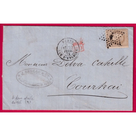 N°30 PARIS ETOILE 4 VARIETE DANS ETOILE EVIDEE POUR COURTRAI BELGIQUE 1872 LETTRE