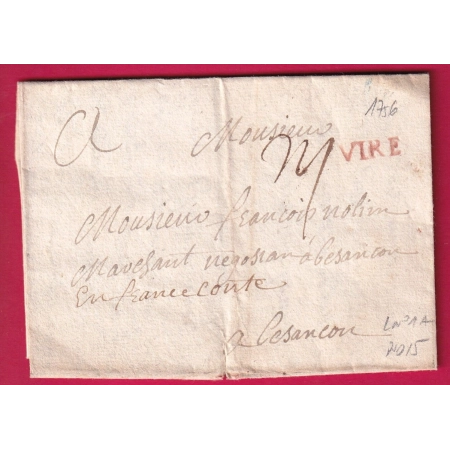 MARQUE VIRE CALVADOS EN ROUGE 1756 LENAIN N°1A INDICE 15 POUR BESANCON DOUBS LETTRE
