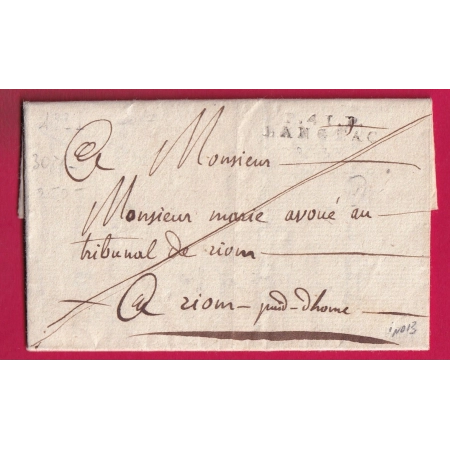 MARQUE P41P LANGEAC HAUTE LOIRE 1821 POUR RIOM PUY DE DOME INDICE 13 LETTRE COVER