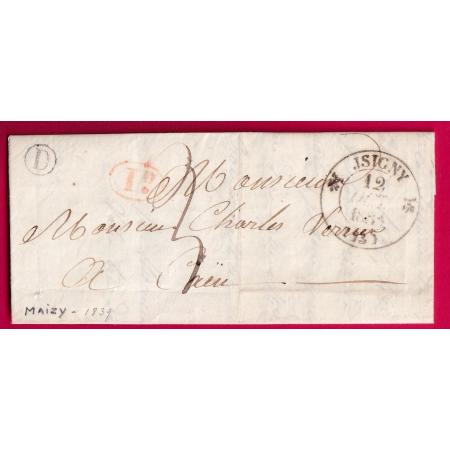 CAD TYPE 12 ISIGNY CALVADOS BOITE RURALE D MAIZY POUR CAEN 1839 LETTRE COVER