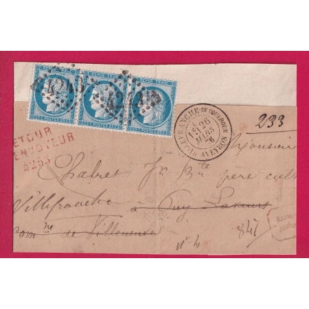 N°60 BANDE DE 3 CAD TYPE 18 VILLEFRANCHE DE ROUERGUE GC 4243 POUR PUY LAVAURS RETOUR ENVOYEUR LETTRE