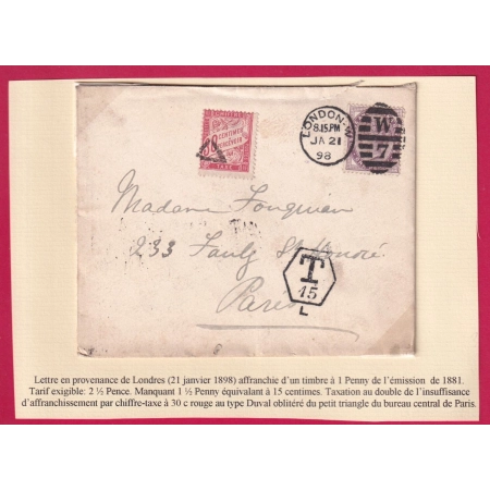 TAXE DUVAL 30C ROUGE SUR LETTRE ANGLETERRE LONDON 1898 POUR PARIS LETTRE