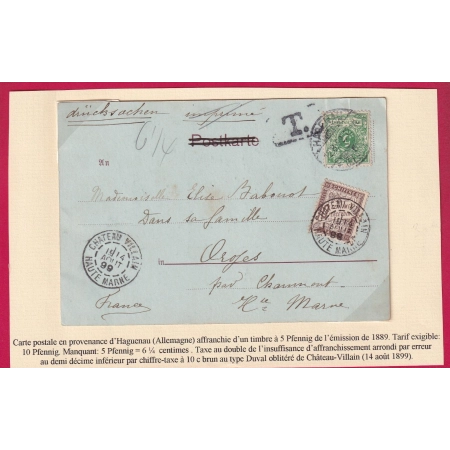 TAXE DUVAL 10C BRUN SUR LETTRE ALSACE LORRAINE HAGUENAU BAS RHIN 1899 POUR HAUTE MARNE CARTE POSTALE LETTRE