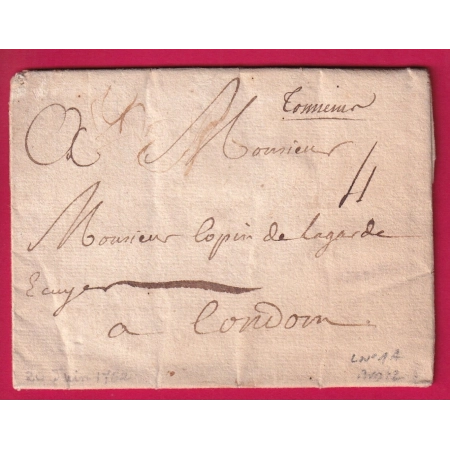 MARQUE MANUSCRIT TONNEINS LOT ET GARONNE 1762 LENAIN N°1A POUR CONDOM GERS INDICE 12 LETTRE