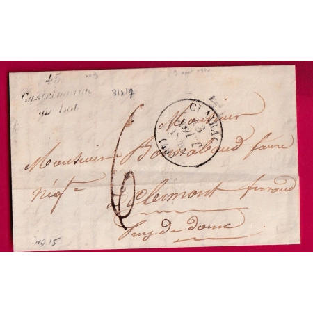 CURISVE 45 CASTELMORON SUR LOT ET GARONNE 1840 CAD TYPE 13 CLAIRAC POUR CLERMONT FERRAND INDICE 15 LETTRE
