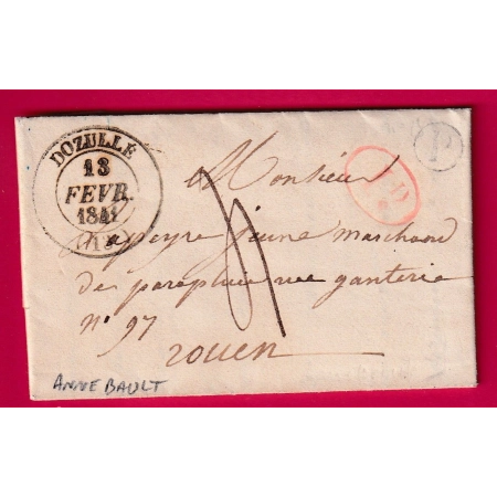 CAD TYPE 14 DOZULLE CALVADOS 1841 BOITE RURALE P ANNEBAULT DECIME RURAL POUR ROUEN SEINE INFERIEURE LETTRE