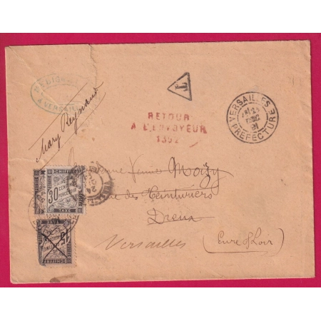 LETTRE SANS TIMBRES TAXE DUVAL 30C 2 PRESENTATIONS DREUX 15C X2 + 30C VERSAILLES 1891 RETOUR ENVOYEUR 1352 DREUX LETTRE