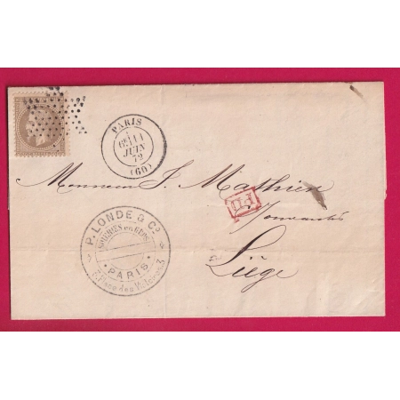 N°30 PARIS BUREAU CENTRAL ETOILE PLEINE POUR LIEGE BELGIQUE TTB LETTRE COVER