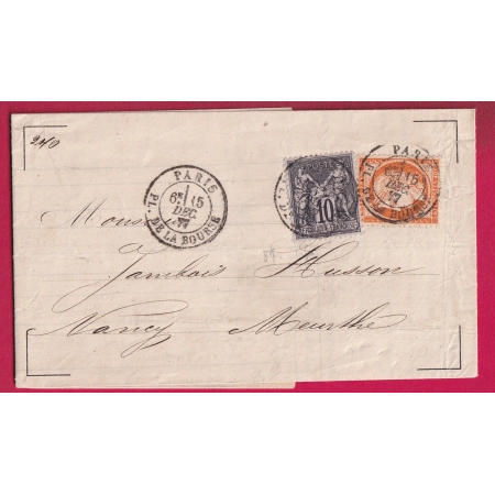 MIXTE SAGE CERES N°38 89 CAD PARIS PL DE LA BOURSE POUR NANCY MEURTHE ET MOSELLE 1877 LETTRE