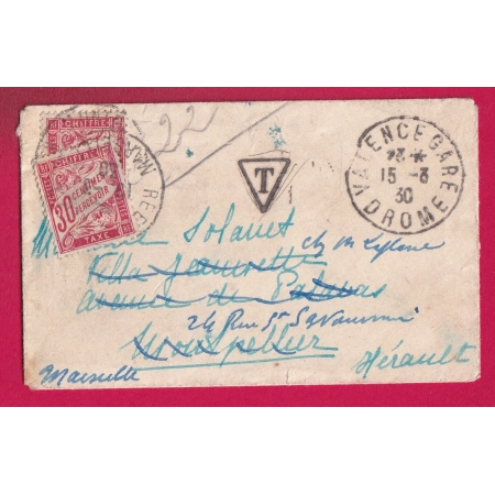 LETTRE NON AFFRANCHIE TAXE DUVAL 30C ROUGE DEPART VALENCE DROME 2 PRESENTATIONS POUR MONTPELLIER MARSEILLE CARTE VISITE