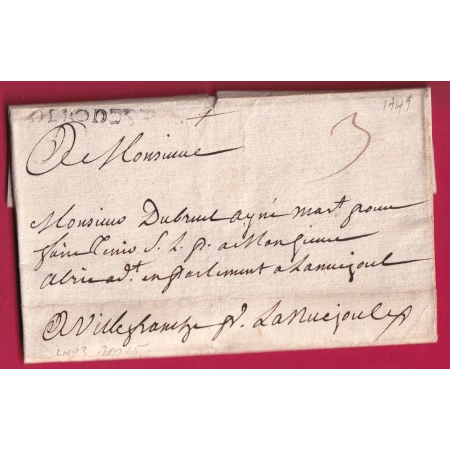 MARQUE DE RODEZ AVEYRON 1749 LENAIN N°3 INDICE 15 POUR VILLEFRANCHE LETTRE
