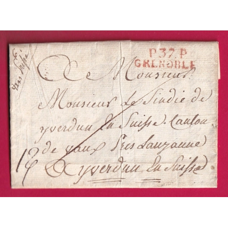 MARQUE P37P GRENOBLE EN ROUGE 1823 POUR YVERDON SUISSE LETTRE