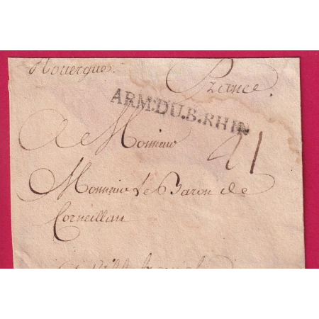 MARQUE ARMEE DU BAS RHIN POUR VILLEFRANCHE DE ROUERGUE AVEYRON LETTRE