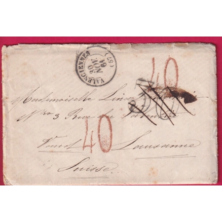 CAD TYPE 15 VALENCIENNES NORD TAXE 30 ANNULEE PAR TAXE 40 SUISSE EN ROUGE 1861 POUR LAUSANNE LETTRE
