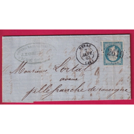 N°14B GC 2619 NERAC LOT ET GARONNE POUR VILLEFRANCHE AVEYRON 7 JANVIER 1863 LETTRE COVER