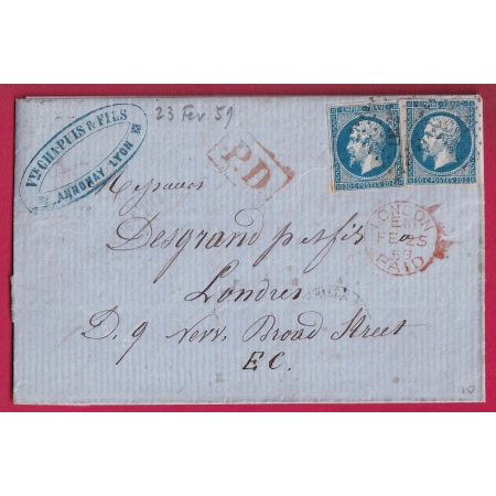 N°14 ANNONAY ARDECHE TIMBRES ANNULES PAR LOSANGE LM2° AMBULANT LYON MARSEILLE POUR LONDRES LONDON 1859 LETTRE COVER