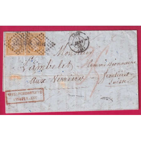 N°13 X2 PC 1818 LYON A POUR VERVIERES SUISSE TAXE MANUSCRIT 35 SUISSE AFFRAN INSUFF 1858 LETTRE COVER
