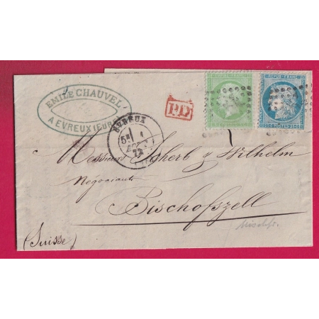 N°60 + 35 GC 1454 EVREUX EURE 1 AOUT 1872 POUR BISCHOFSZELL SUISSE LETTRE COVER