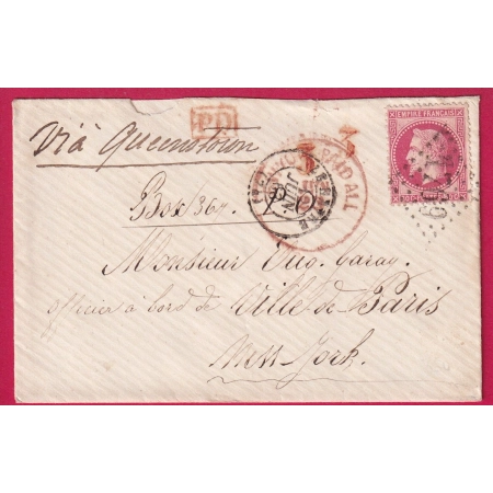 N°32 GC 1769 LE HAVRE POUR NEW YORK USA POUR OFFICIER SUR VAPEUR VILLE DE PARIS 1868 STEAMER QUEENSTOWN LETTRE COVER