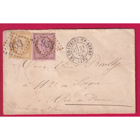N°54 55 GC 953 LE CHATELET EN BERRY CHER  POUR AIX EN PROVENCE BOUCHES DU RHONE FEV 1876 LETTRE