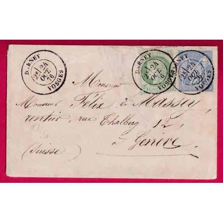 N°53 78 CAD TYPE 18 DARNEY VOSGES MIXTE SAGE CERES POUR GENEVE LETTRE