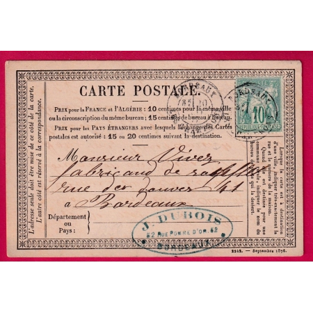 N°65 SEUL SUR CARTE PRECURSEUR BORDEAUX LES CHARTRONS POUR BORDEAUX LETTRE