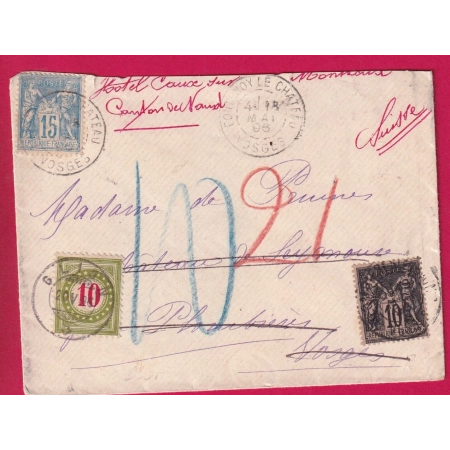 N°89 90 FONTENOY LE CHATEAU VOSGES POUR PLOMBIERES REEXP MONTREUX SUISSE TAXE 10 SUISSE GLION LETTRE