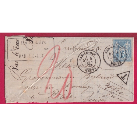 N°90 CAD BAR LE DUC MEUSE TAXE SUISSE MANUSCRIT 20C ROUGE POUR BALE SUISSE 1879 LETTRE