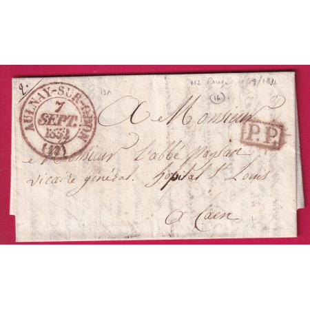 CAD TYPE 12 EN ROUGE AULNAY SUR ODON CALVADOS + PP 1832 POUR CAEN INDICE 17 LETTRE