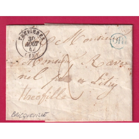 CAD TYPE 15 TREVIERES CALVADOS OR EN BLEU BRICQUEVILLE POUR LITRY 1847 LETTRE