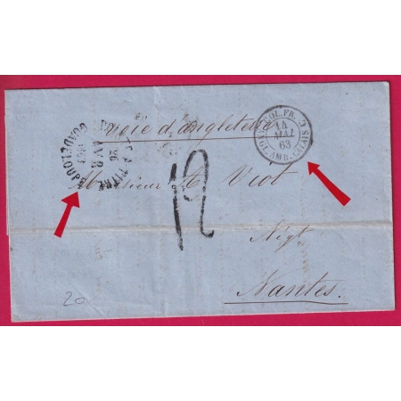 CAD POINTE A PITRE GUADELOUPE 1863 VOIE ANGLAISE COLONIES ART 13 POUR NANTES TAXE TAMPON 12 LETTRE
