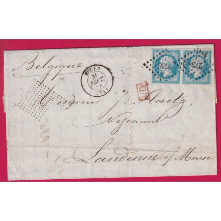 N°14 PAIRE PC 1738 ROUEN SEINE INFERIEURE POUR LANDENNES SUR MEUSE BELGIQUE 1858 LETTRE