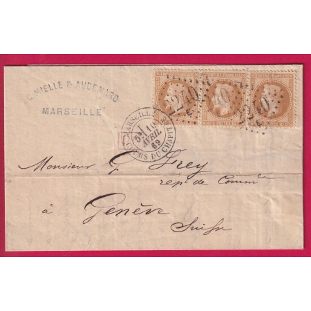 N°28 BANDE DE TROIS GC 2240E MARSEILLE COURS DU CHAPITRE POUR GENEVE SUISSE LETTRE