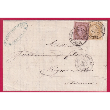N°54 55 CAD TYPE 18 MARSEILLE BOUCHES DU RHONE POUR VRIGNES AUX BOIS ARDENNES LETTRE
