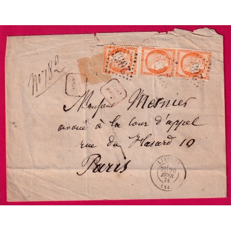 N°38 X3 GC 2056 LISIEUX CALVADOS RECOMMANDE POUR PARIS 1874 LETTRE
